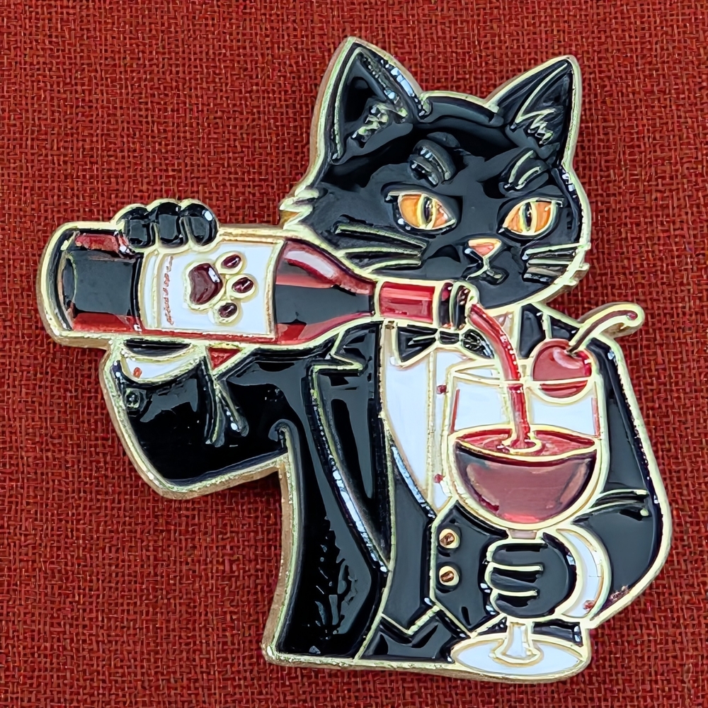 Black Cat Enamel Pin - Wine Pouring Cat (Black)